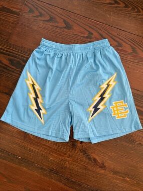 Eric Emanuel Light Blue Men's Athletic Mesh Shorts with Yellow Lightning Detail